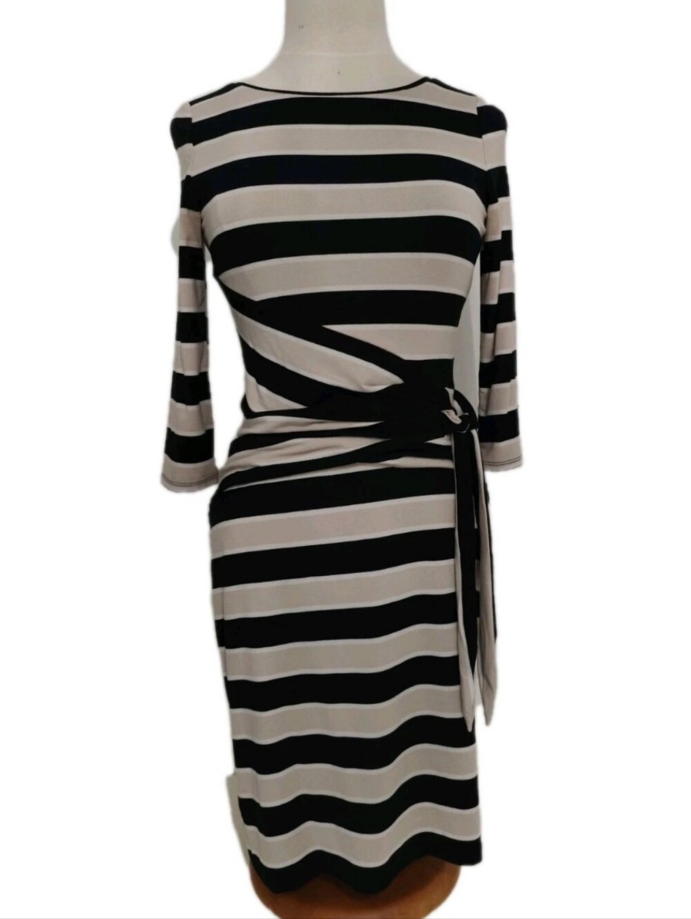 White House Black Market Striped Dress 0 S Side Tie Minimalist Modest Tan